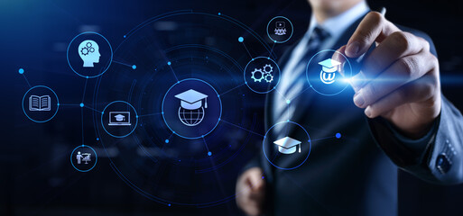 E-learning Online learning distance education concept. Businessman pressing button on screen.