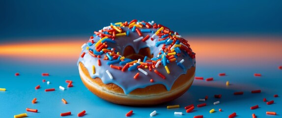 Delicious Donut with Blue Icing and Colorful Sprinkles on a Blue Background.