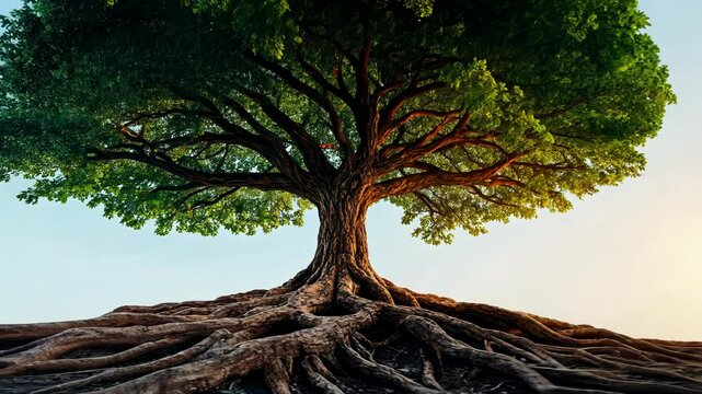 Majestic tree with extensive roots against a clear sky.  A symbol of strength and longevity
