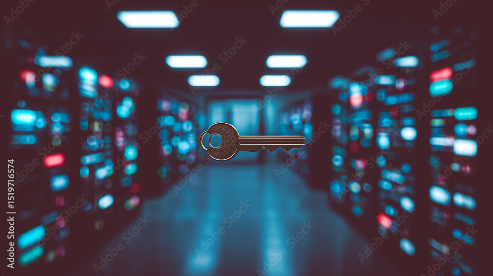 Poster data security key: a large, metallic key hovers in the foreground, symbolizing access and security w
