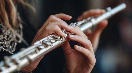 Close-Up of a Musician Playing the Flute: Exploring Classical and Jazz Expression Through Finger Placement in a Studio Performance Session