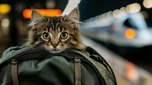 A cat is comfortably perched on a backpack at a train station while a train approaches under ambient evening lighting