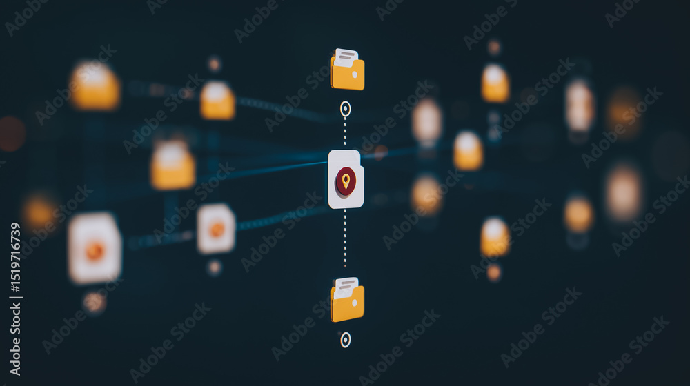 Poster data flow visualization: a digital illustration of interconnected data files and documents, represen