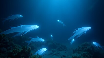 Fototapeta premium A glowing underwater scene with mysterious deep-sea creatures and soft blue light