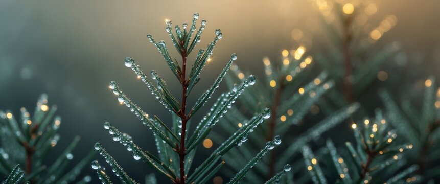 Dew Drops on Evergreen Needles, Sparkling with Light A CloseUp Nature Shot.