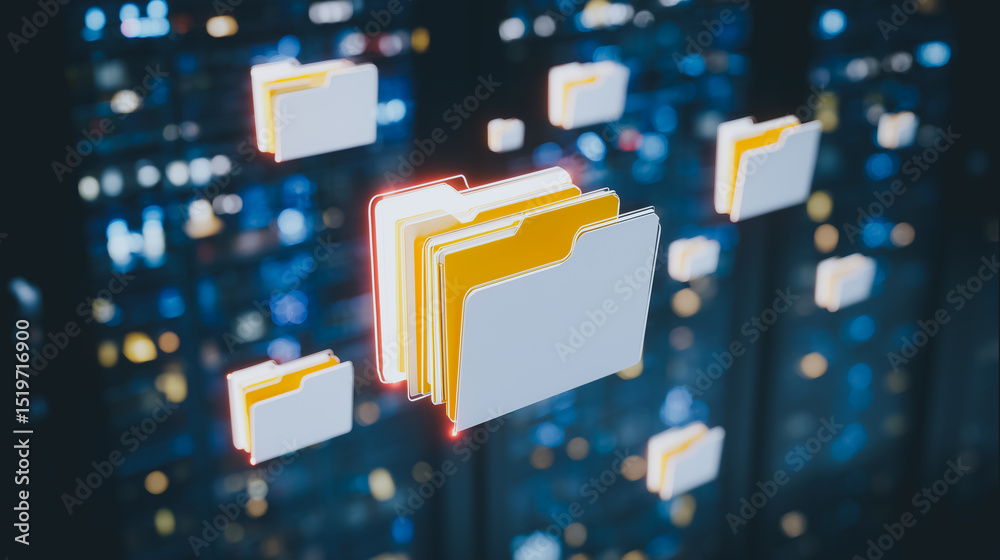 Poster digital data stream: abstract representation of information, symbolized by glowing file folders floa