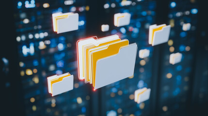 Digital Data Stream: Abstract representation of information, symbolized by glowing file folders floating in a digital space, emphasizing data flow and management.