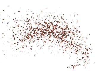 Pile grated, chopped, dark chocolate flying, isolated on white, top view	