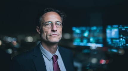 Confident Leadership at Dusk: A composed, bespectacled professional exudes confidence and experience as he gazes toward the horizon. Evening light bathes his face.