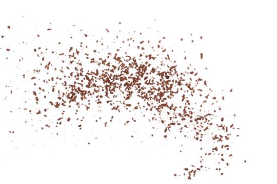 Pile grated, chopped, dark chocolate flying, isolated on white, top view	
