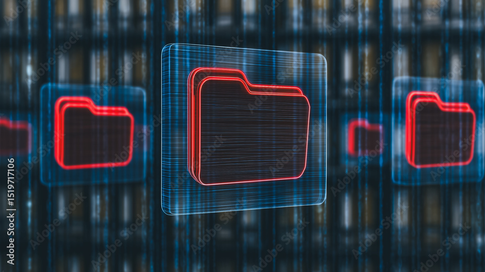 Poster digital file storage: red folders icon hovering over a digital background representing data storage,
