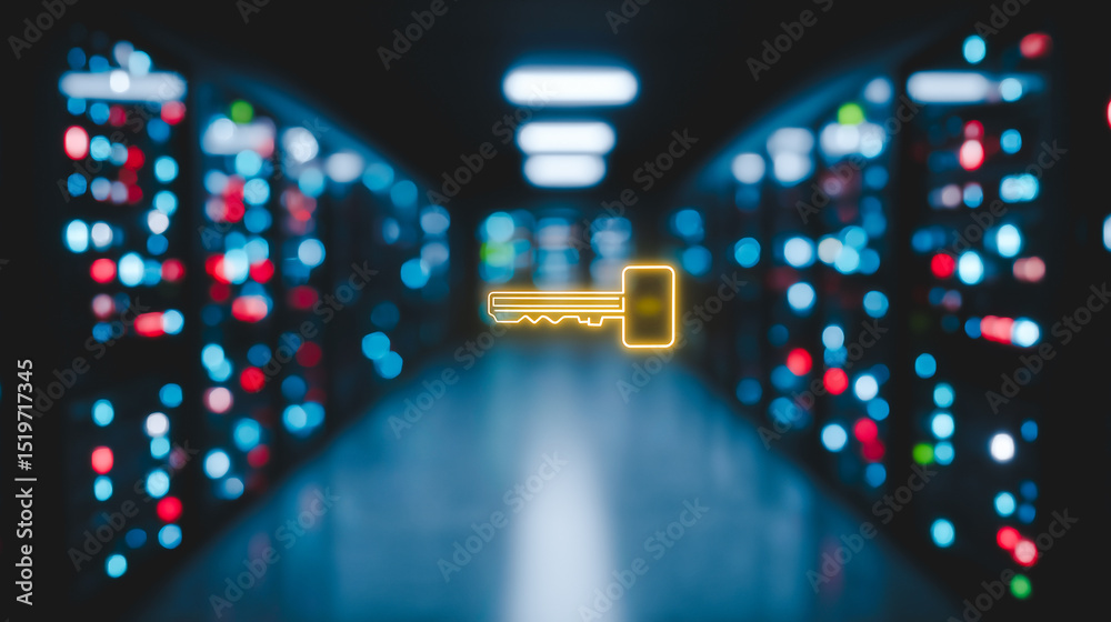 Poster cyber access: the image features an abstract, futuristic digital rendering of a hallway, with a key 