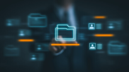 Fototapeta premium Digital Data Management: A businessman interacts with a holographic interface, highlighting digital file management and data organization with futuristic aesthetics.