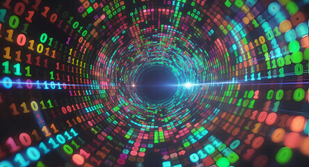 A vibrant digital tunnel with colorful binary numbers flying through, enhanced by lens flares and depth of field effects, Generative AI.