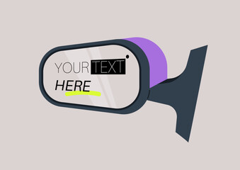 Innovative side mirror design showcases sleek lines and vibrant colors, emphasizing technology in vehicle safety, The scene is set in the twilight, highlighting modernity and aesthetics