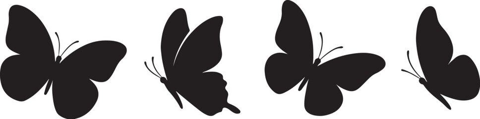 Four black butterfly silhouettes against a white background.