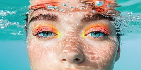 Conceptual summer beauty — model submerged below water surface, wearing waterproof colorful makeup