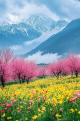 Fototapeta premium Peach trees with red flowers on the plateau