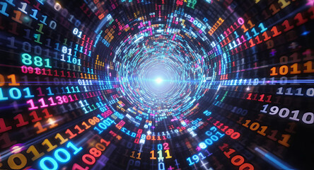A computer screen displaying a colorful tunnel of flying binary code, featuring lens flares and a blurred background effect, Generative AI.