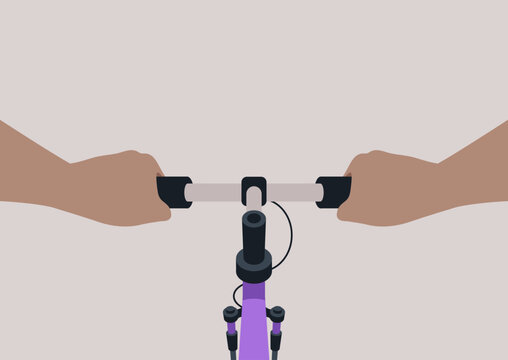 POV of Exploring the joy of cycling from an exhilarating bike perspective as the sun shines brightly on a tranquil path during a summer afternoon