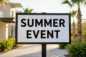 Fototapeta premium A black and white sign boldly displays SUMMER EVENT against a blurred tropical outdoor background.