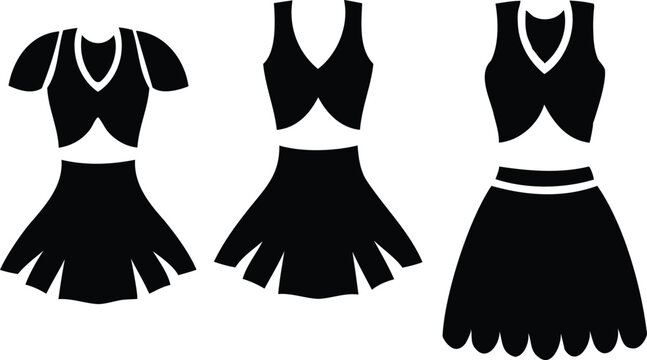Vector black silhouette illustration set of cheerleading uniforms with pleated skirts and sleeveless or short-sleeve tops ideal for sports design, dance apparel, and athletic outfit themes