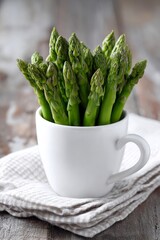 Fresh green asparagus standing upright in a white ceramic cup on a rustic wooden table with a folded cloth underneath