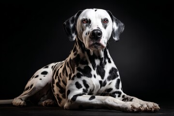 Dalmatian dog lying down and looking forward in a professional photo studio with dark background lighting
