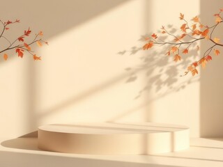 Beige product display podium with autumn leaves