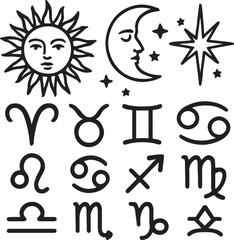 Design black and white vector illustrations of stars, moons, suns, and zodiac signs in a mystical, hand-drawn style.