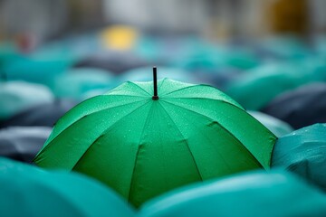 Close up of a vibrant green umbrella standing out among many dark umbrellas in the rain