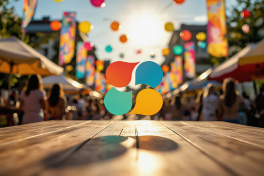 A vibrant street festival scene unfolds in the background, partially obscured by a wooden surface and a prominent logo in the foreground, creating a dynamic and festive atmosphere.