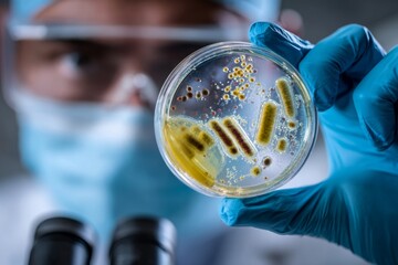 Scientist holding petri dish with bacterial and viral cultures for laboratory research under microscope