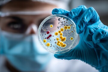 Scientist in protective gear closely examining bacterial and viral cultures in a petri dish held with blue gloves