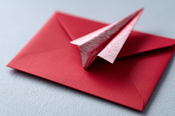 Paper plane resting on red envelope symbolizing email or message communication concept