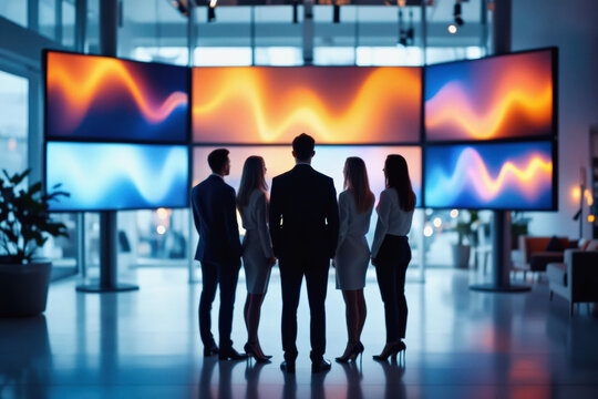 A group of five professionals, four women and one man, stand silhouetted from behind, gazing at a large curved video wall displaying abstract colorful graphics in a modern lobby.