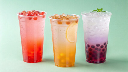 Colorful Soda Drink with boba in tall plastics cups, oragne and strawberry flavor	
