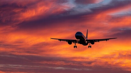 Passenger airplane against sunset sky, journey into vibrant horizons