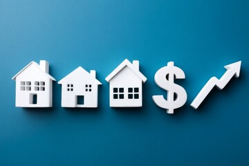 White house icons, dollar sign, and arrow on blue background symbolizing real estate market growth and trends