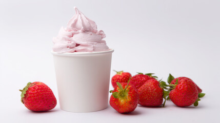 A strawberry soft serve ice cream in a plain white cup with fresh strawberries