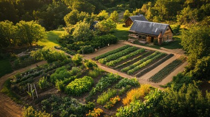 Aerial View of a Rustic Farm with Lush Gardens at Golden Hour