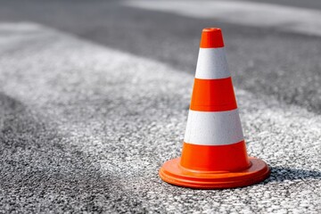 Bright orange and white traffic cone standing on asphalt road with crosswalk lines symbolizing caution and safety