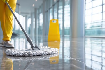 Person Cleaning Floor with Mop in Bright Indoor Space with Caution Sign