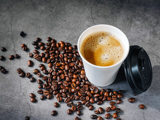 Coffee espresso wite smoke in paper Coffee cup and bean , Fragrant Espresso in  Takeaway paper...