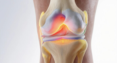 Knee joint highlighted with yellow and red areas, illustrating key anatomical features and potential injury zones, Generative AI.