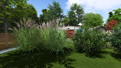 3d image of the landscape design of the home territory. Landscaping of the territory. Computer visualization of composite landscaping and landscaping solutions. White garden.