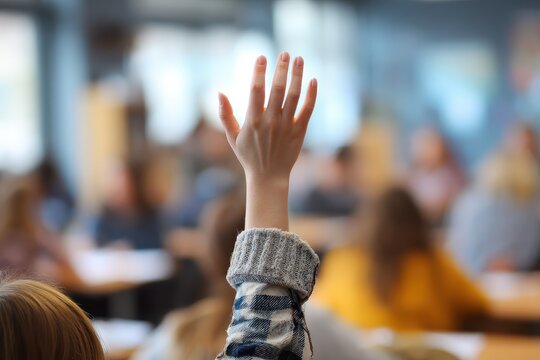 Student Raising Hand to Ask Question in Classroom During Interactive Learning Session