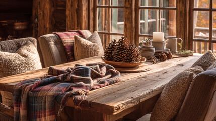 Cozy Lodge Dining Table with Pinecones, Candles, and Mountain Textiles