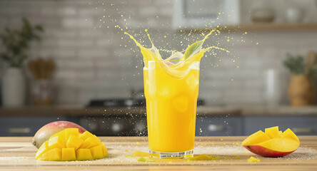 Mango juice splashes on a wooden table, creating a vibrant and refreshing scene, Generative AI.