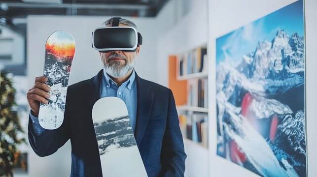 Professional Mature Businessman with VR Glasses Holding Snowboard